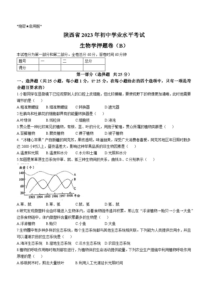 2023年陕西省安康市汉阴县中考三模生物试题第1页