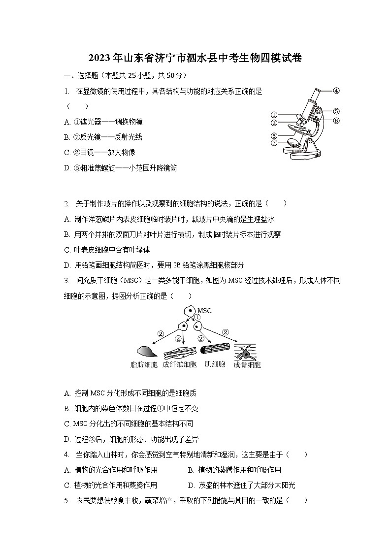 2023年山东省济宁市泗水县中考生物四模试卷（含解析）01