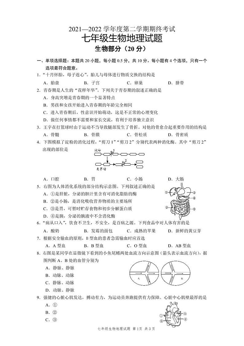 江苏省盐城市2021-2022七年级下学期期末抽考生物试卷第1页