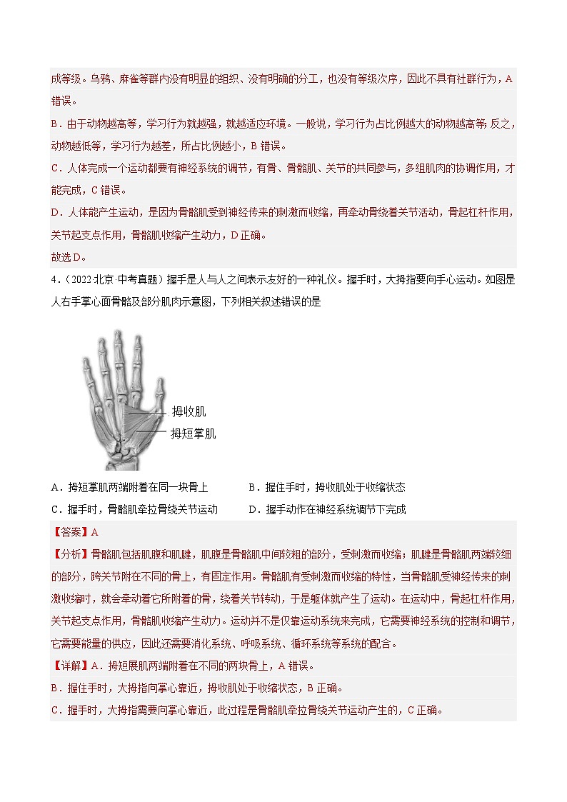 专题13 动物的运动和行为（习题帮）（解析版）-备战2023年中考生物一轮复习考点帮（全国通用）第3页