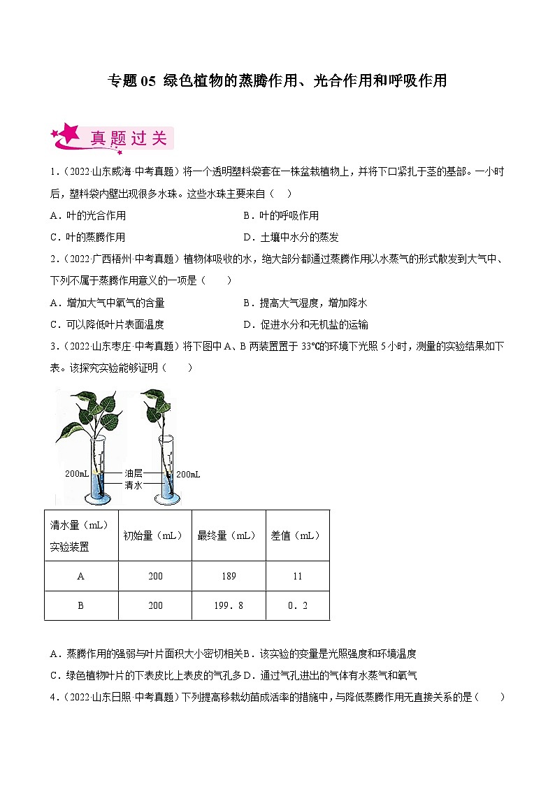 专题05 绿色植物的蒸腾作用、光合作用和呼吸作用 （习题帮）（原卷版）-备战2023年中考生物一轮复习考点帮（全国通用）01