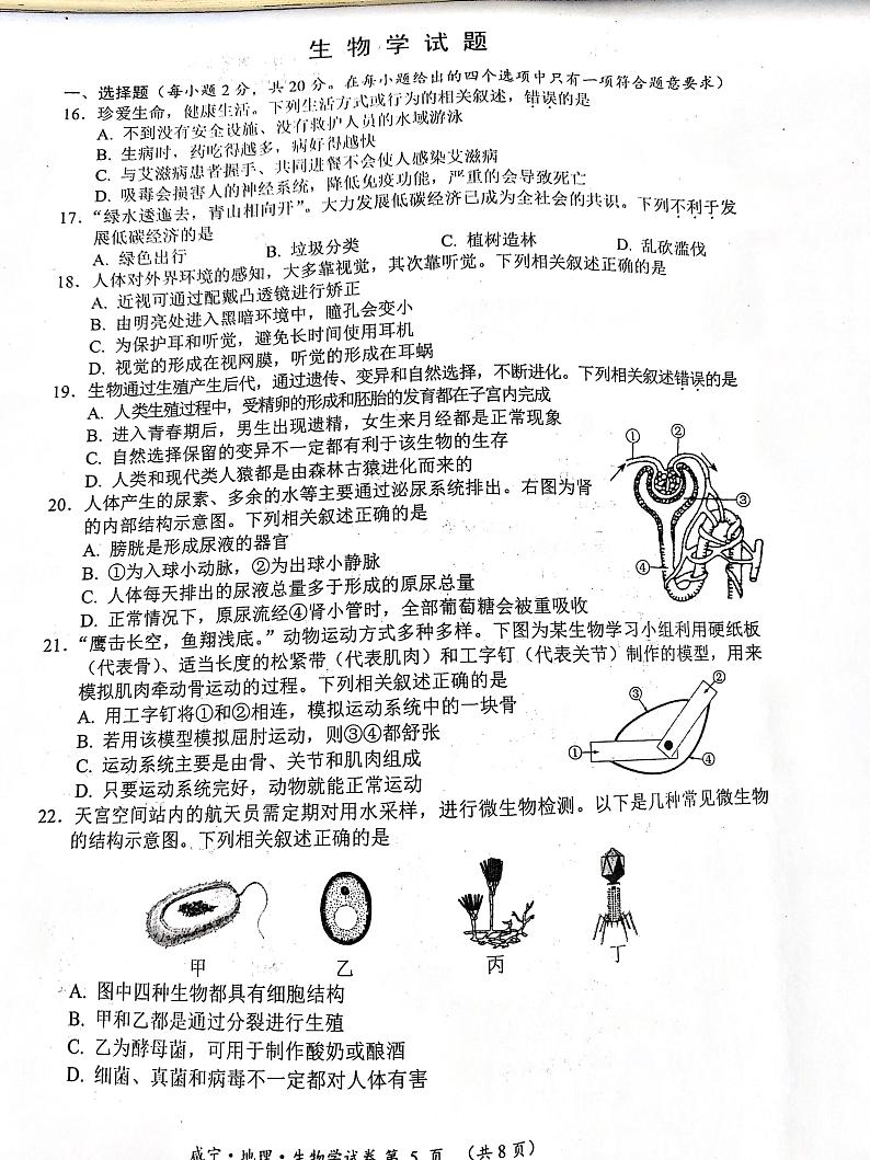 2023年湖北省咸宁市中考生物真题01