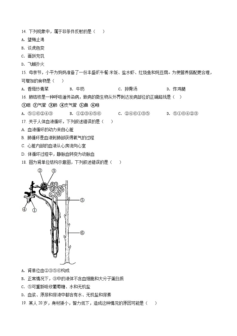 江苏省南京市联合体2021-2022七年级初一下学期期末生物试卷+答案第2页