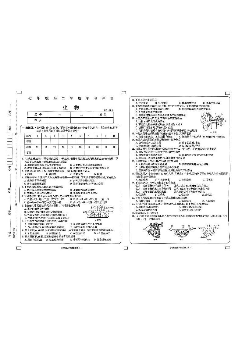 河南省周口市淮阳区大连乡2022-2023学年七年级下学期6月期末生物试题第1页
