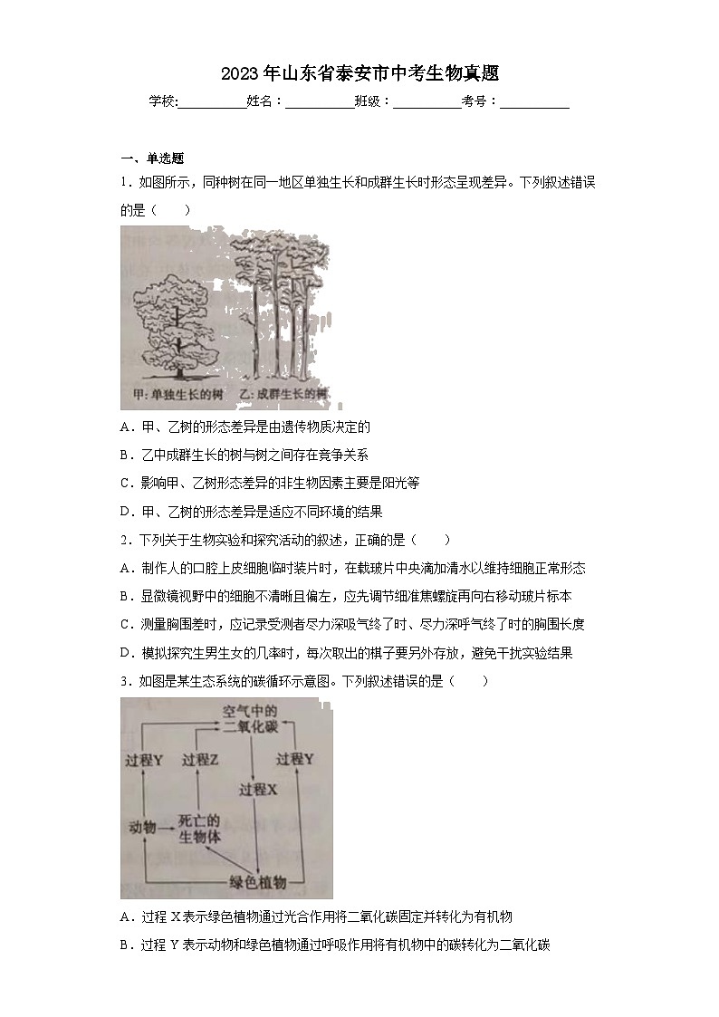 2023年山东省泰安市中考生物真题（含解析）01