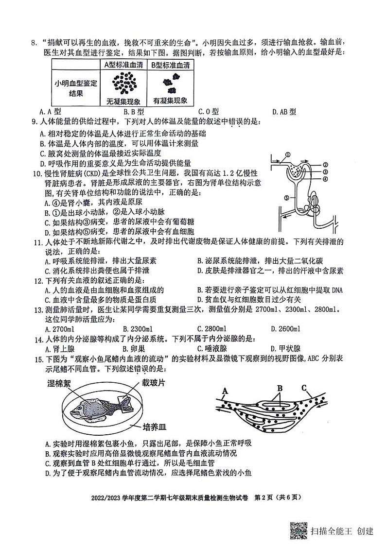 安徽省合肥市蜀山区2022-2023学年七年级下学期期末质量检测生物试题02