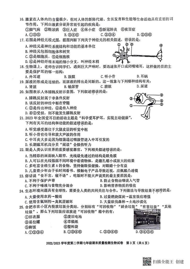 安徽省合肥市蜀山区2022-2023学年七年级下学期期末质量检测生物试题03