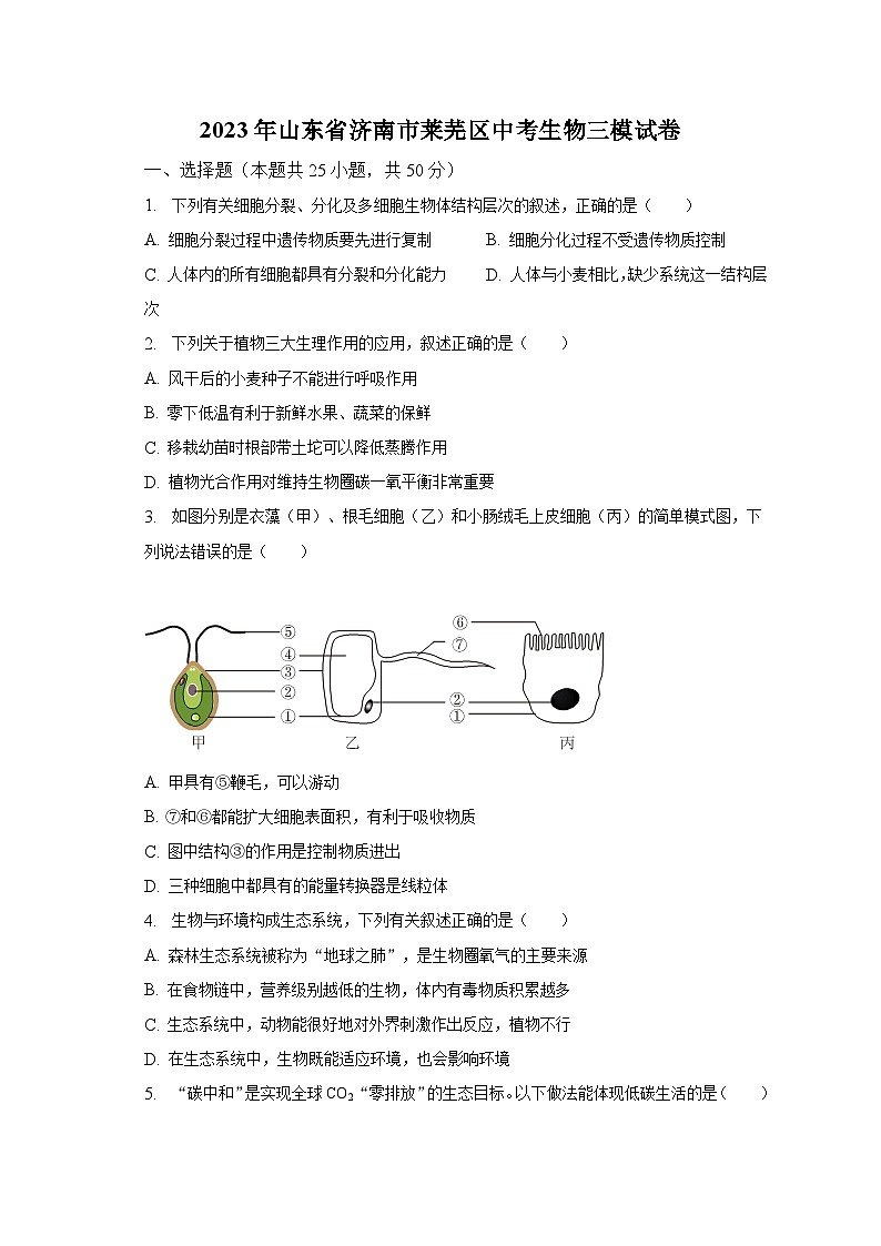 2023年山东省济南市莱芜区中考生物三模试卷（含解析）01
