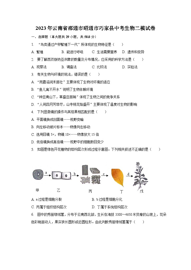 2023年云南省邵通市昭通市巧家县中考生物二模试卷（含解析）第1页
