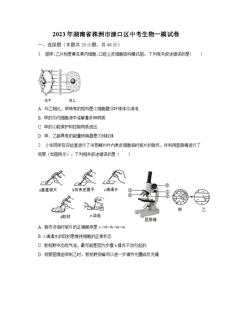 2023年湖南省株洲市渌口区中考生物一模试卷（含解析）01