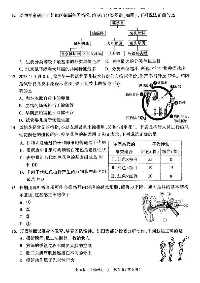 2023年河南省中考生物学定心卷03