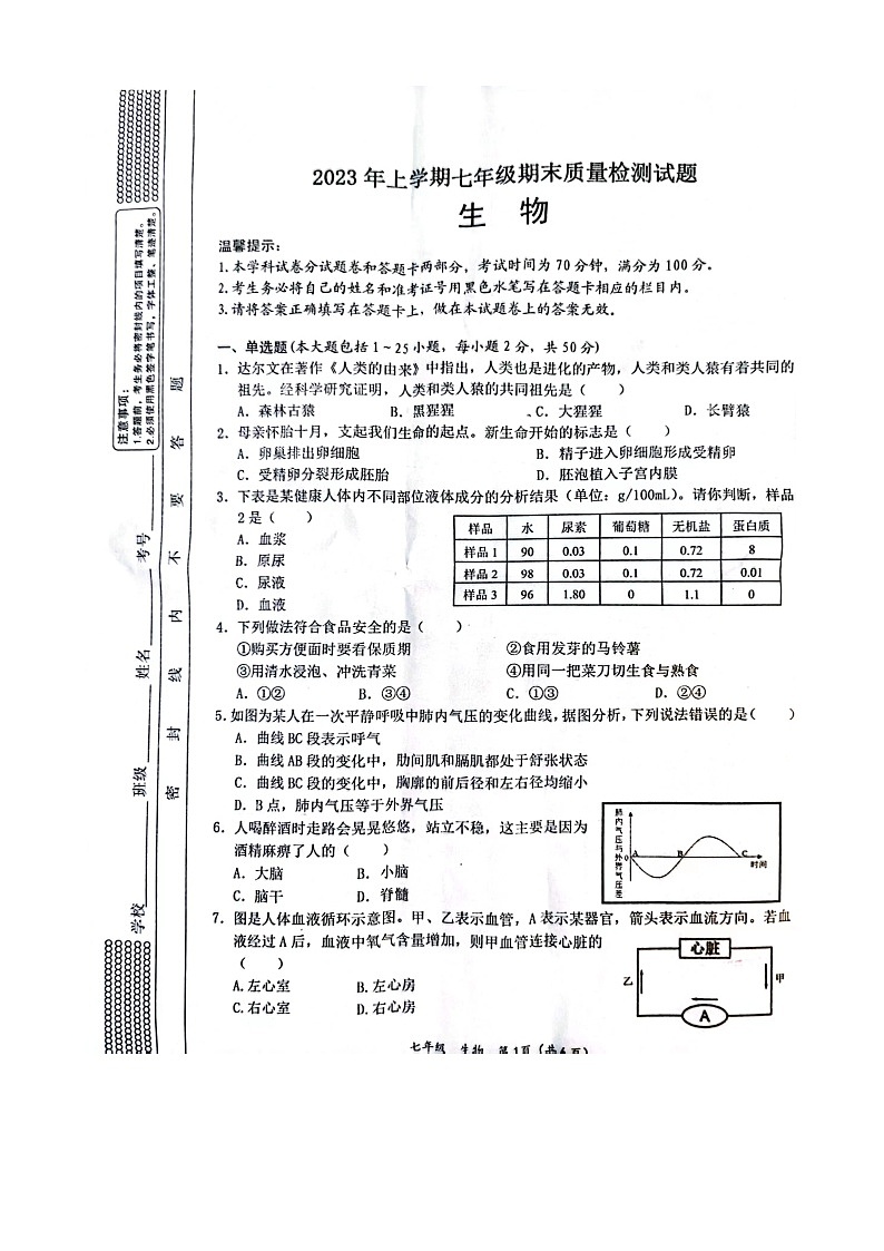 湖南省邵阳县2022--2023学年七年级下学期生物质量检测期末试卷第1页