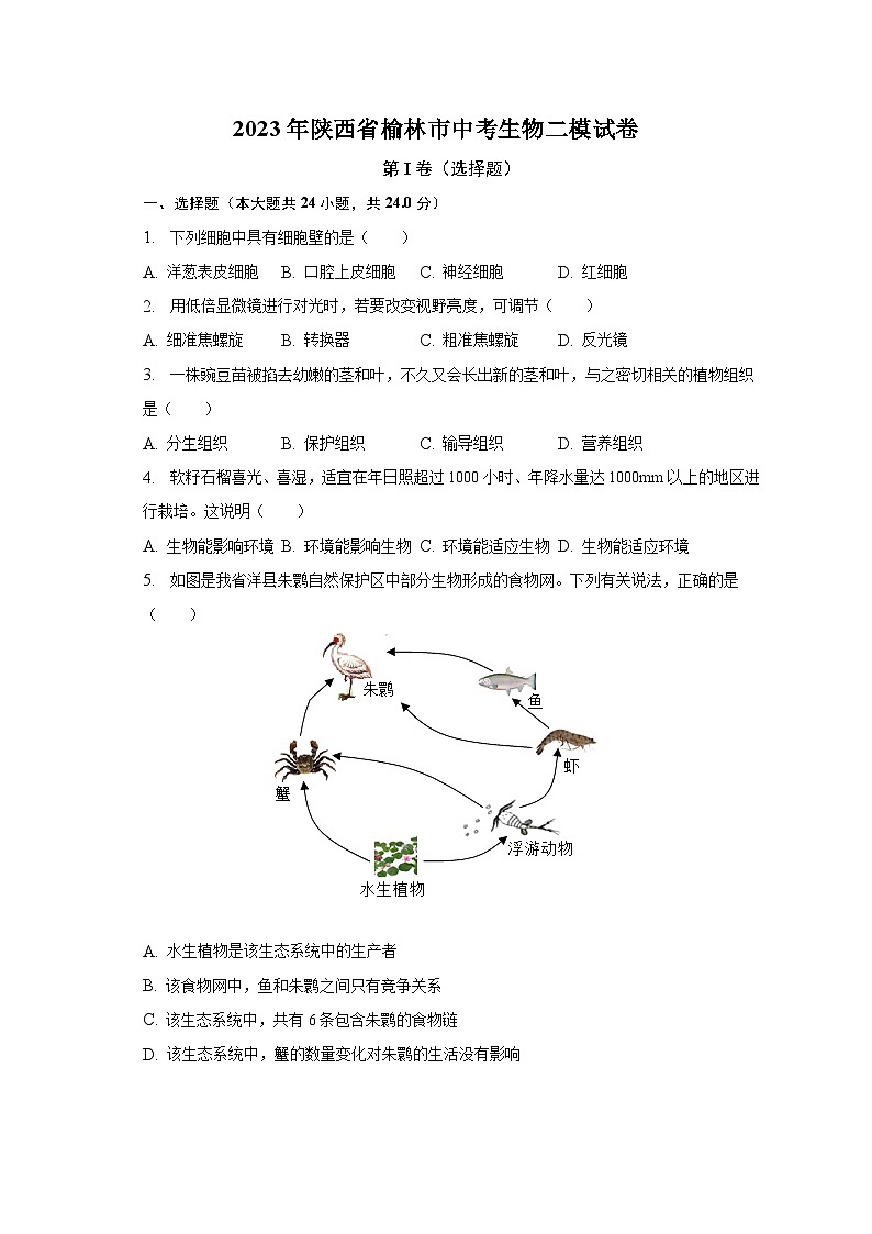 2023年陕西省榆林市中考生物二模试卷（含解析）01