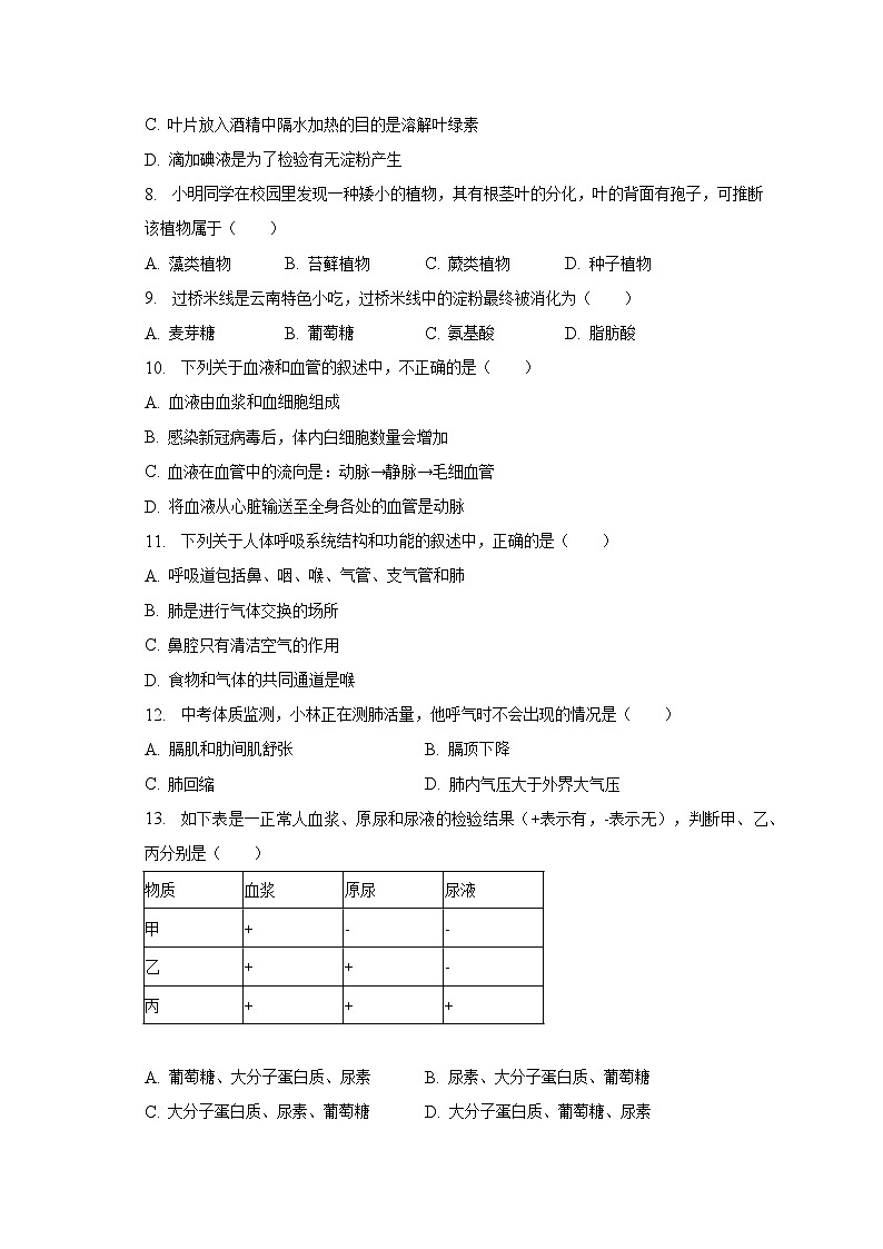 2023年云南省昭通市四县联考中考生物一模试卷（含解析）02