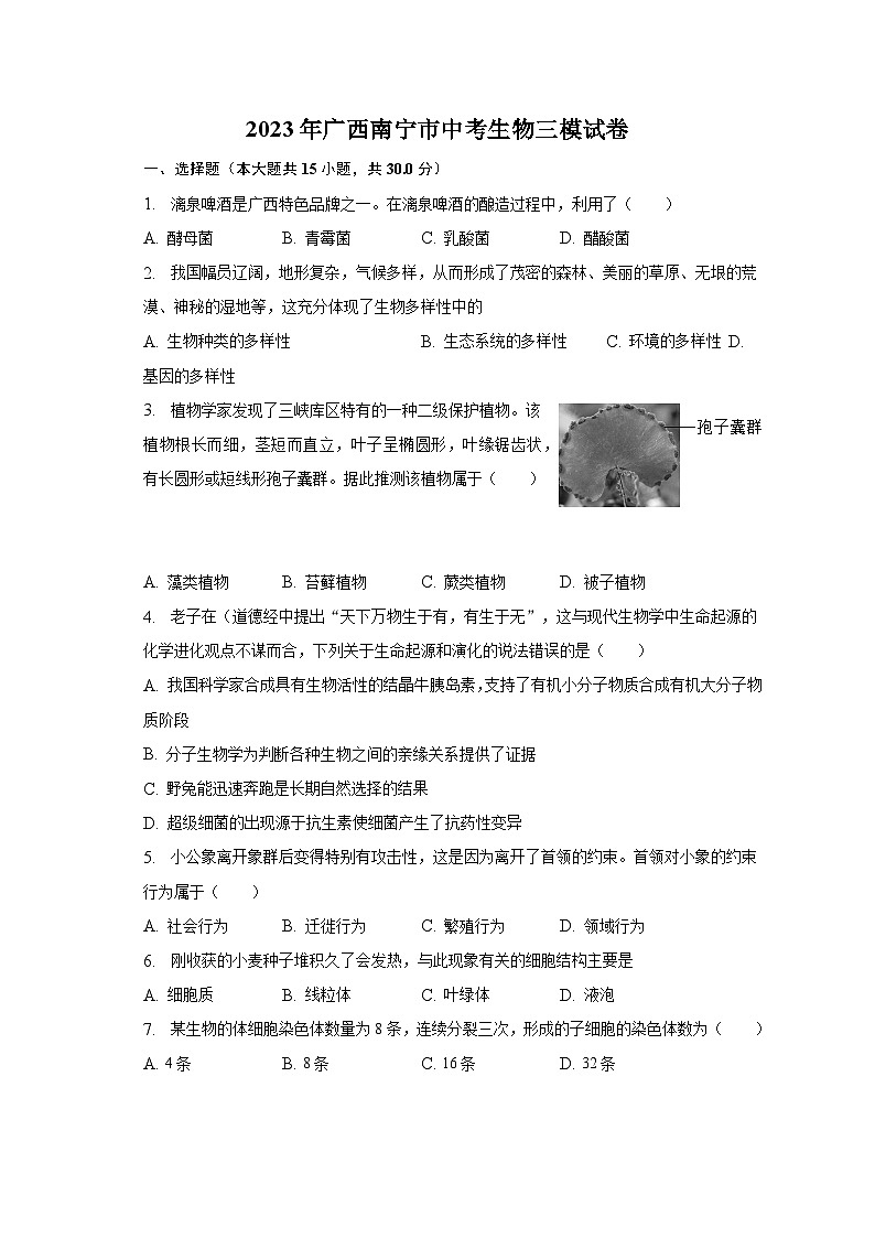 2023年广西南宁市中考生物三模试卷（含解析）01