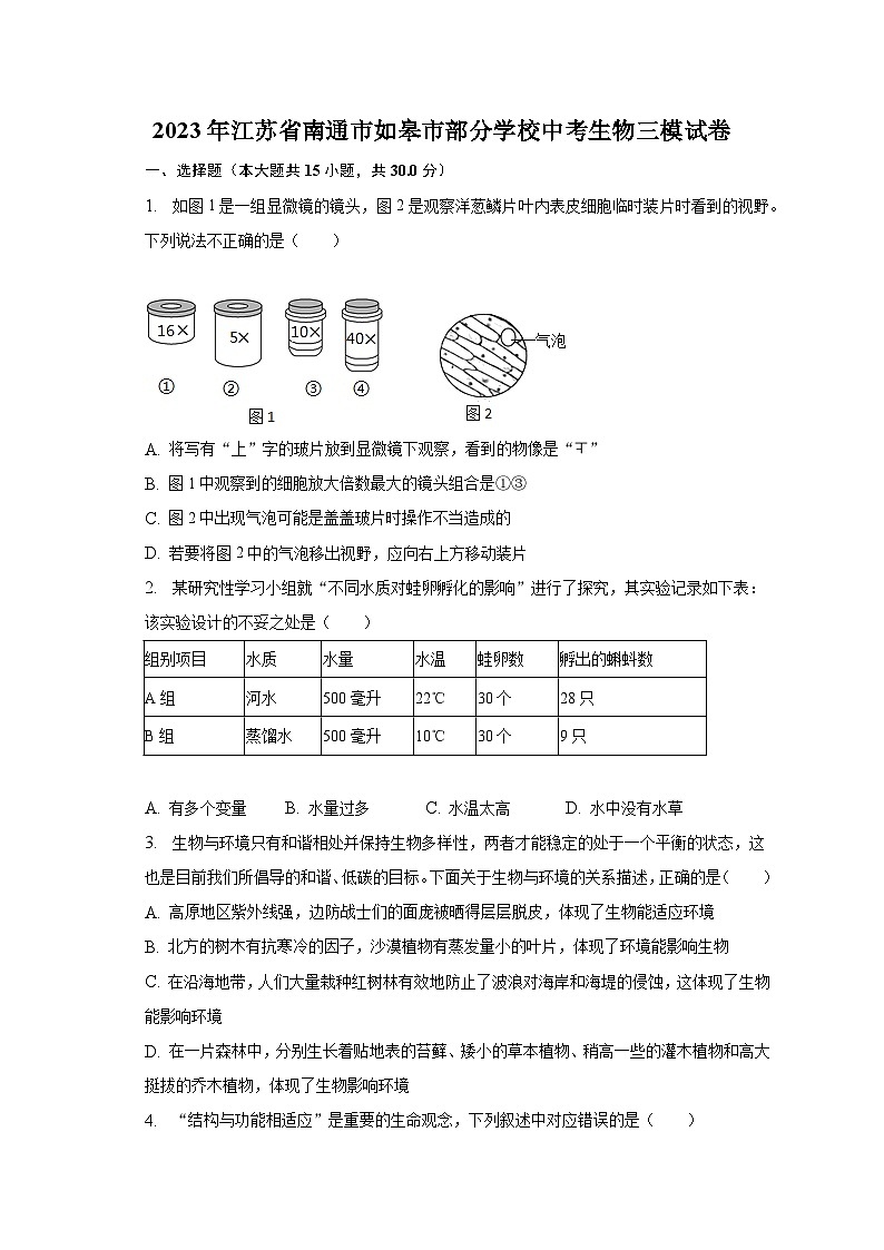 2023年江苏省南通市如皋市部分学校中考生物三模试卷（含解析）01