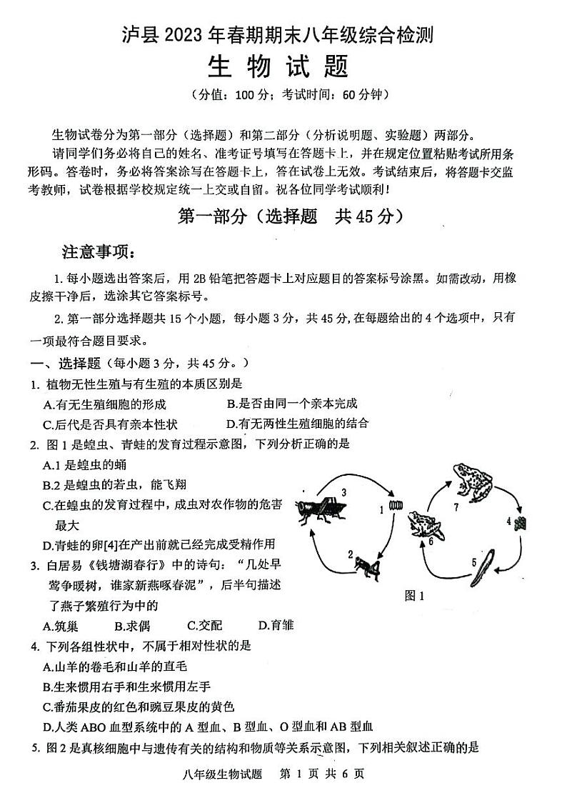 四川省泸州市泸县2022-2023学年八年级下学期6月期末生物试题01