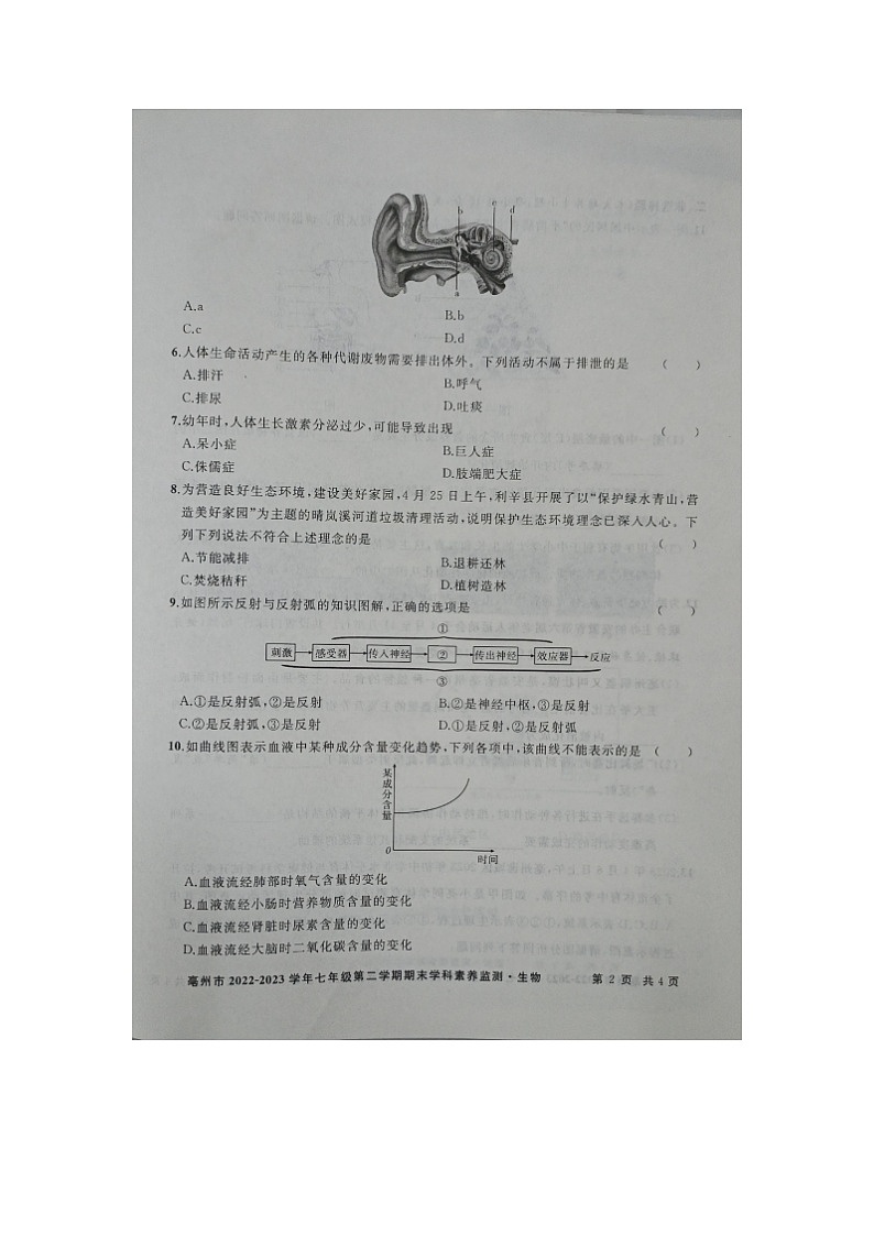 安徽省亳州市谯城区2022-2023学年七年级下学期期末生物试卷02