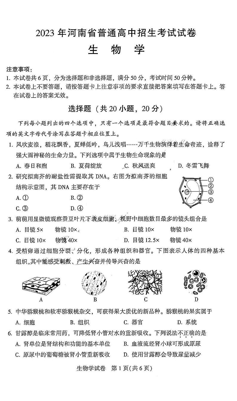 2023年河南省中考生物真题第1页