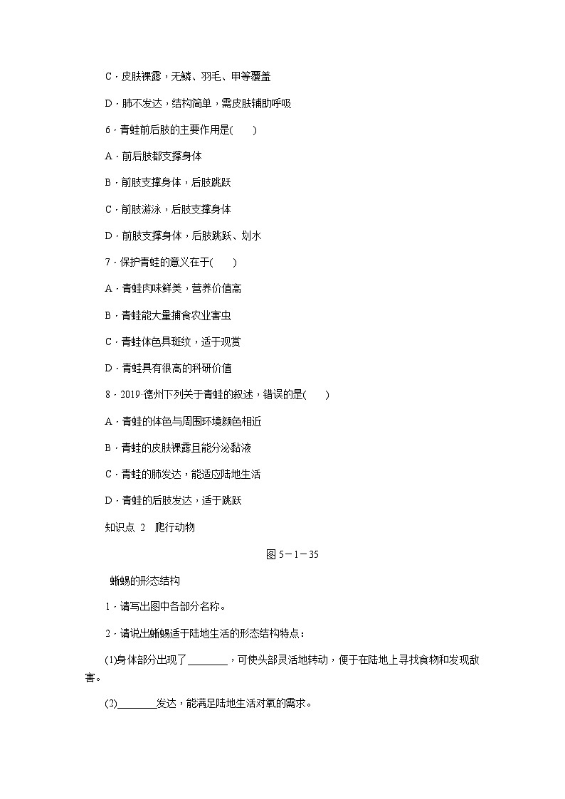 人教版八年级生物上册同步练习：5.1.5两栖动物和爬行动物第2页