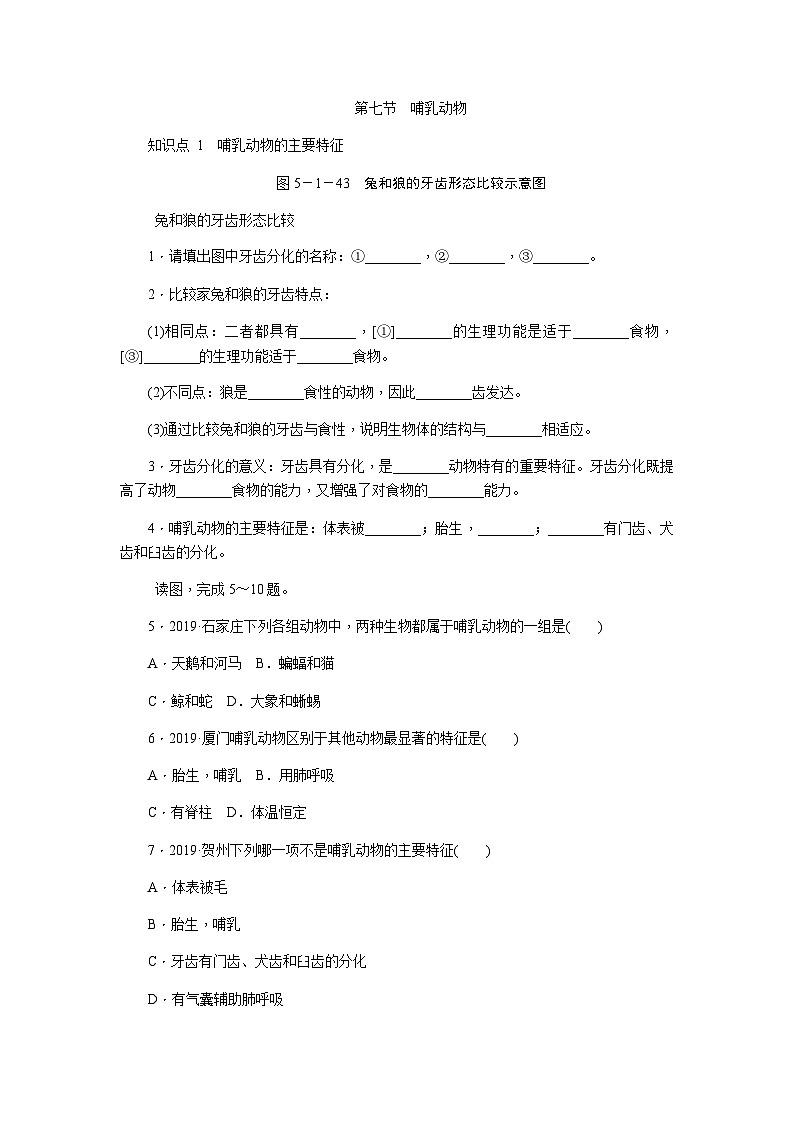 人教版八年级生物上册同步练习：5.1.7　哺乳动物第1页