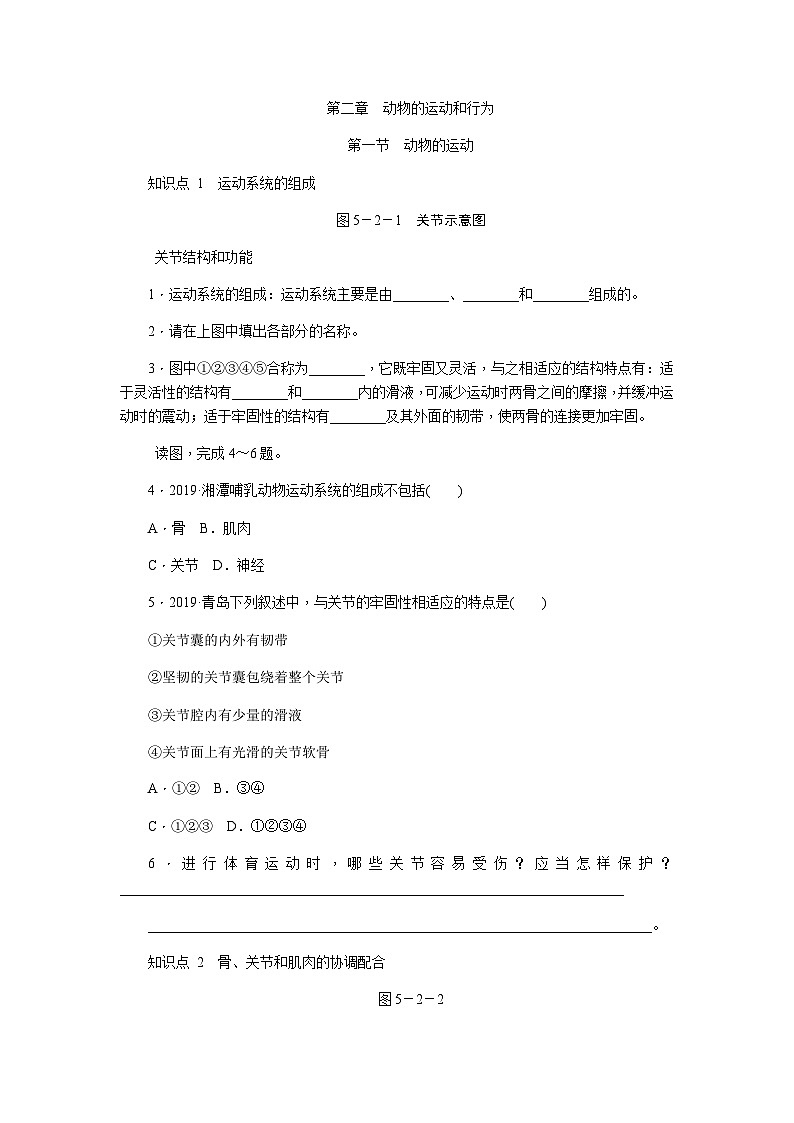 人教版八年级生物上册同步练习：5.2.1动物的运动01