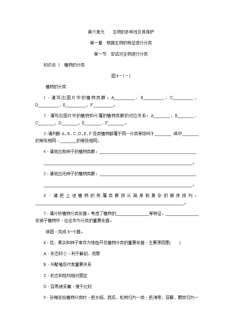 人教版八年级生物上册同步练习：6.1.1　尝试对生物进行分类01