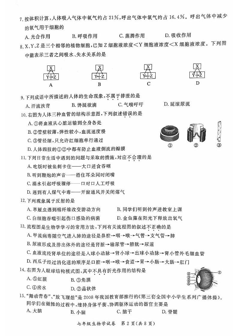 北京市通州区2022-2023学年七年级下学期期末考试生物试卷第2页