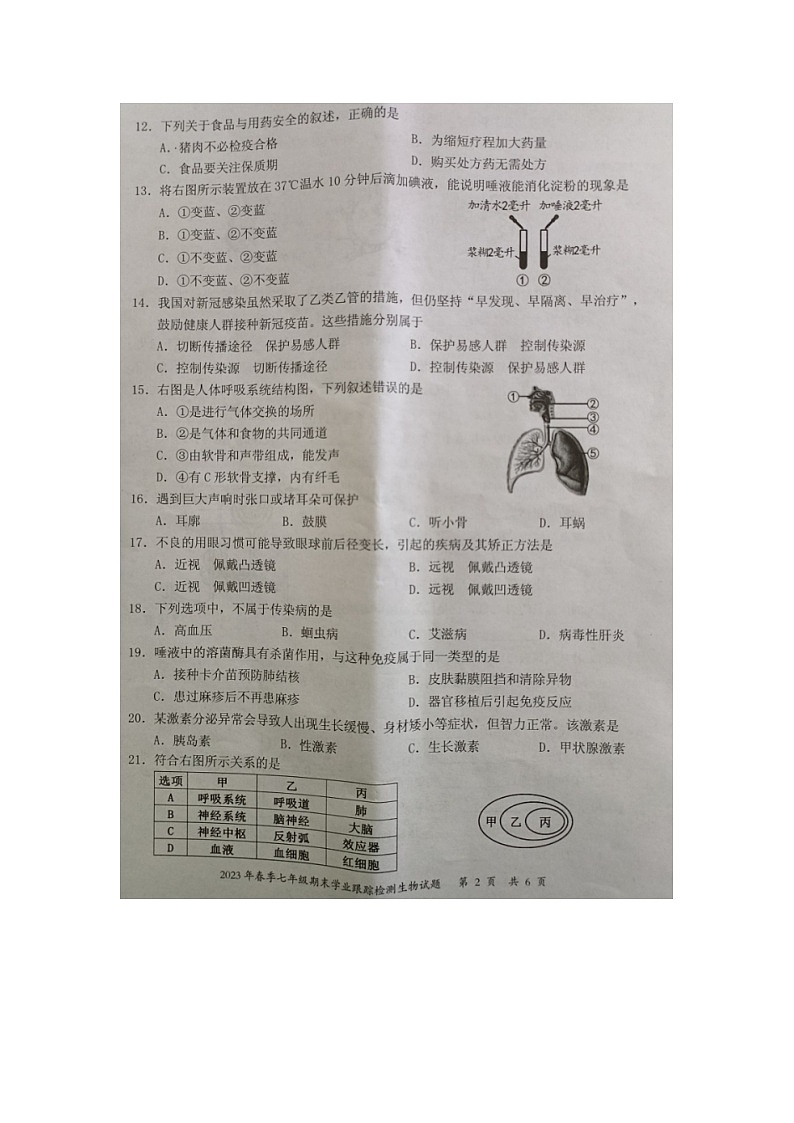 福建省泉州市晋江市2022-2023学年七年级下学期期末学业跟踪检测生物试题第2页