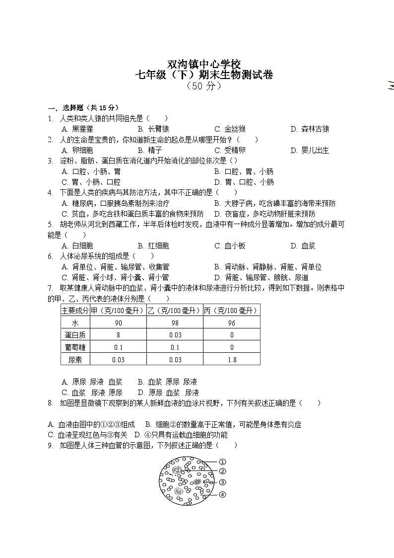 湖北省襄阳市襄州区双沟镇中心学校2022-2023学年七年级下学期期末生物试题第1页