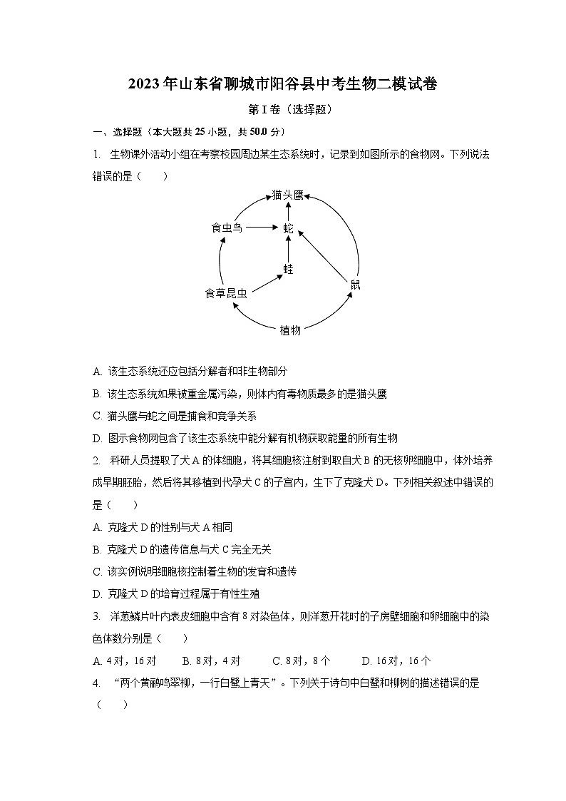 2023年山东省聊城市阳谷县中考生物二模试卷（含解析）01