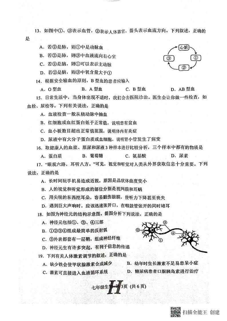 河南省南阳市唐河县2022-2023学年七年级下学期6月期末生物试题03