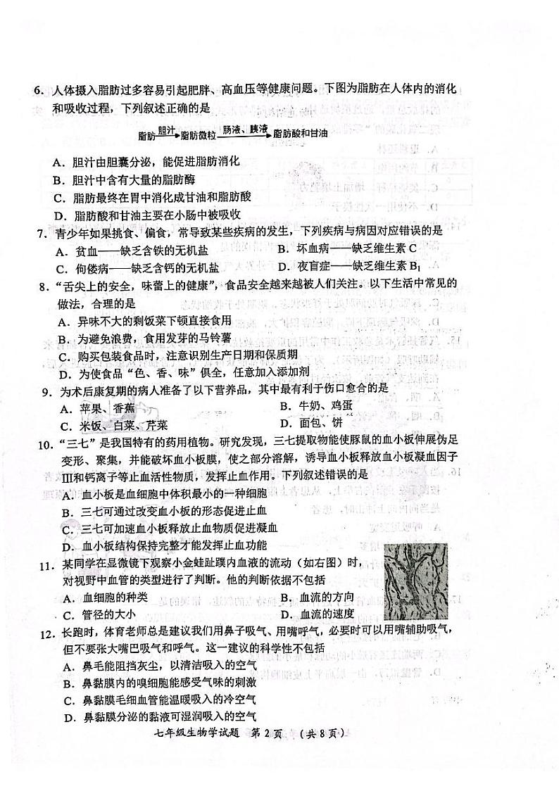 山东省日照市五莲县2022-2023学年七年级下学期6月期末生物试题第2页