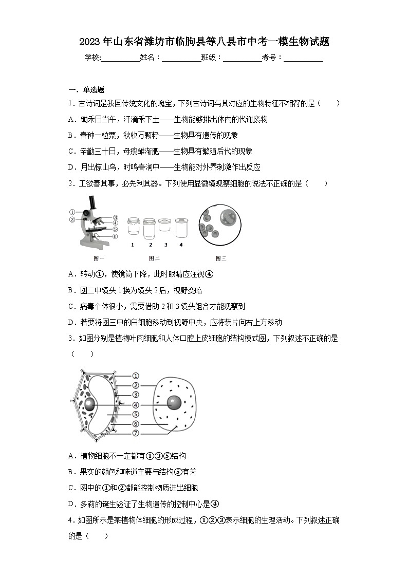 2023年山东省潍坊市临朐县等八县市中考一模生物试题（含解析）第1页