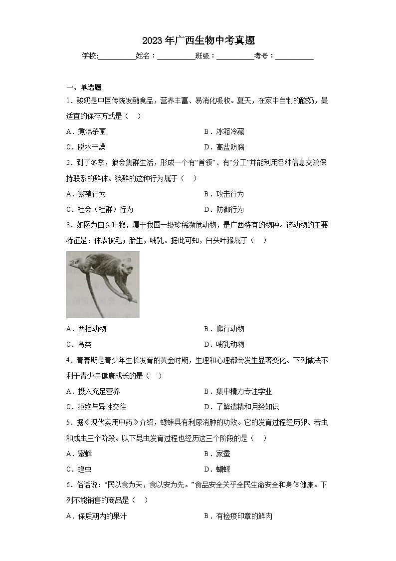 2023年广西生物中考真题（含答案）01