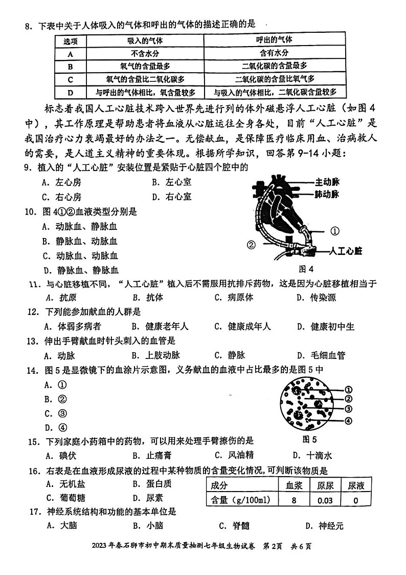 福建省石狮市2022-2023学年七年级下学期期末质量抽测生物试卷02