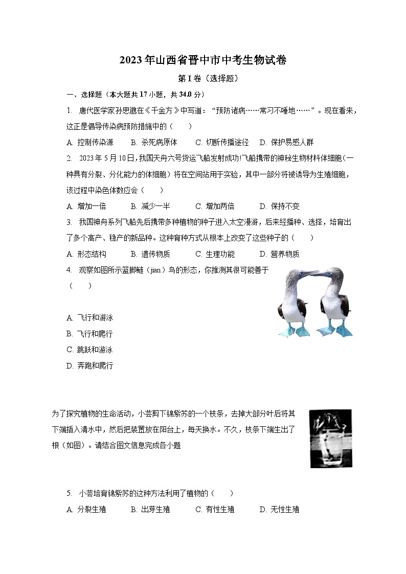 2023年山西省晋中市中考生物试卷（含解析）01