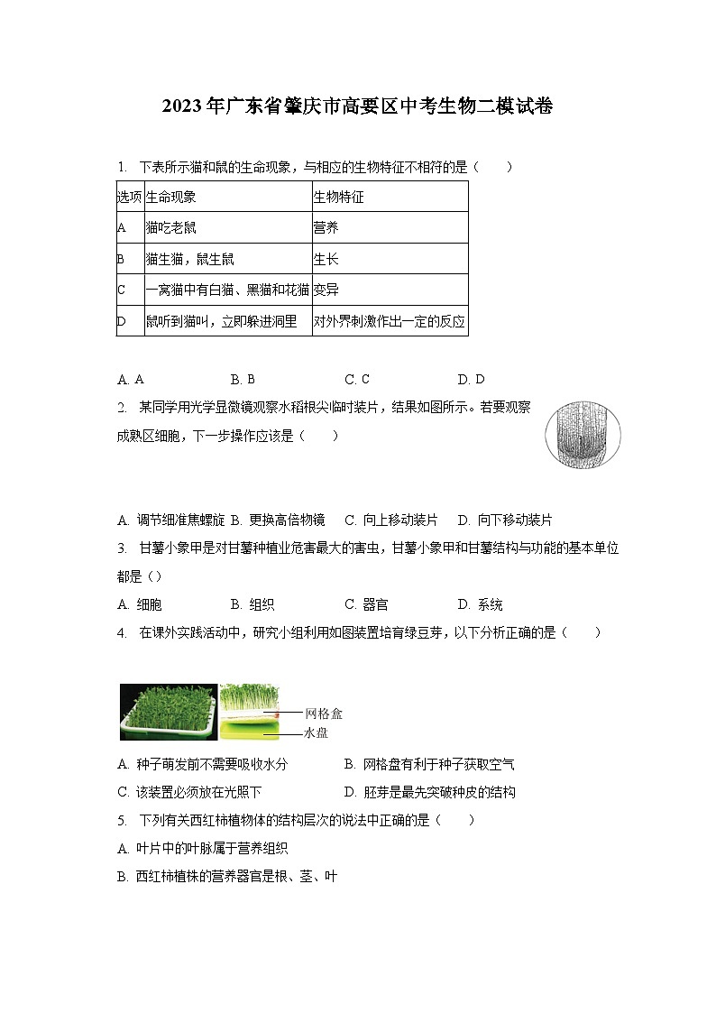 2023年广东省肇庆市高要区中考生物二模试卷（含解析）01