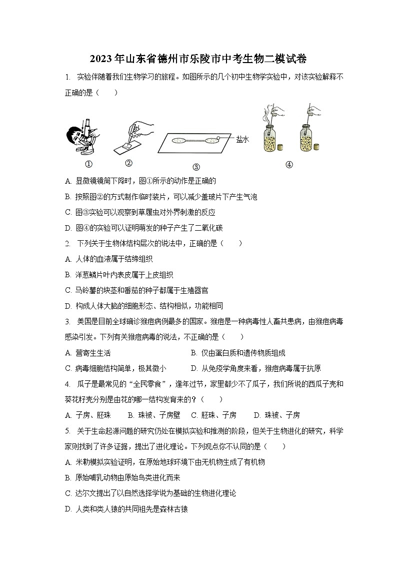 2023年山东省德州市乐陵市中考生物二模试卷（含解析）01