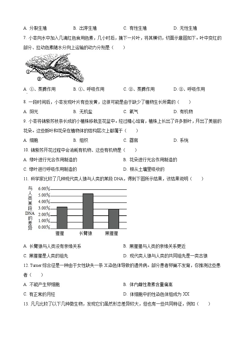 2023年山西省阳泉市中考生物真题02