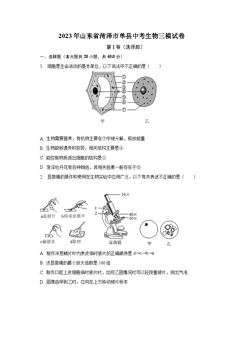 2023年山东省菏泽市单县中考生物三模试卷（含解析）01