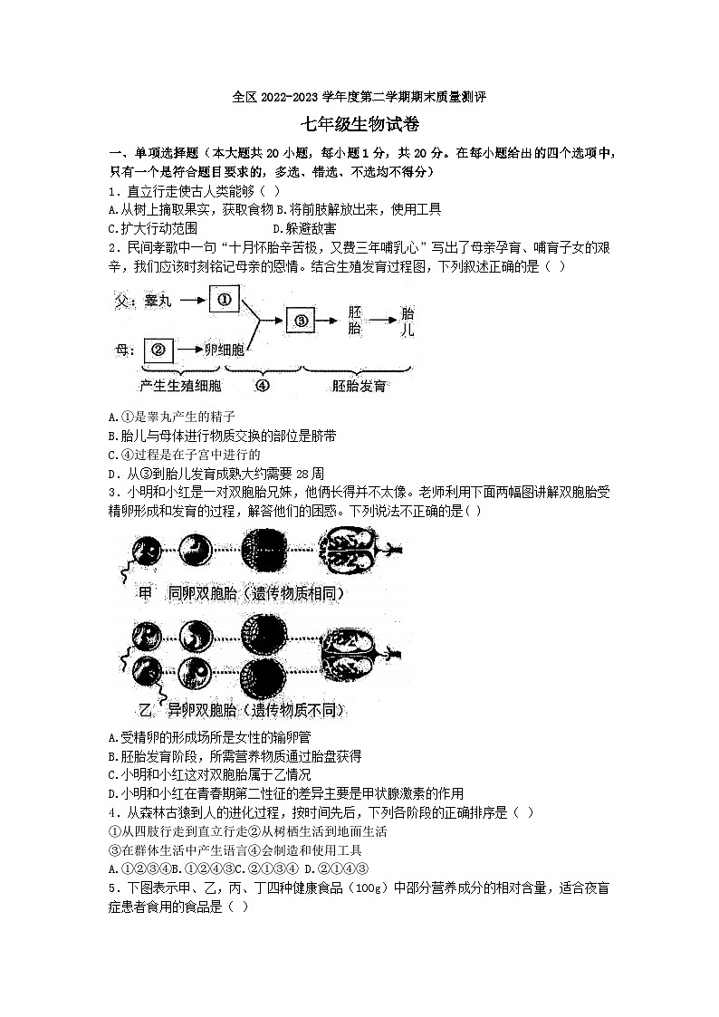 江西省上饶市广信区2022-2023学年七年级下学期期末质量测评生物试卷（含答案）01