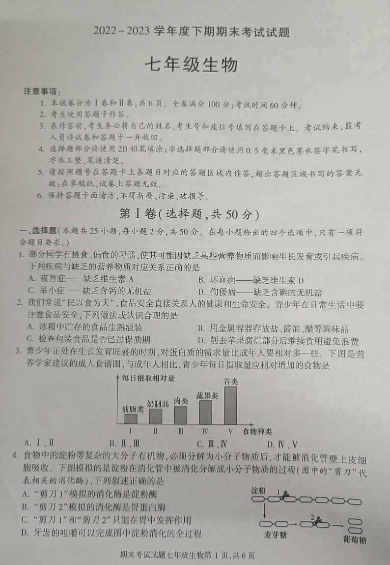 四川省成都市武侯区2022-2023学年七年级下学期期末生物试卷01
