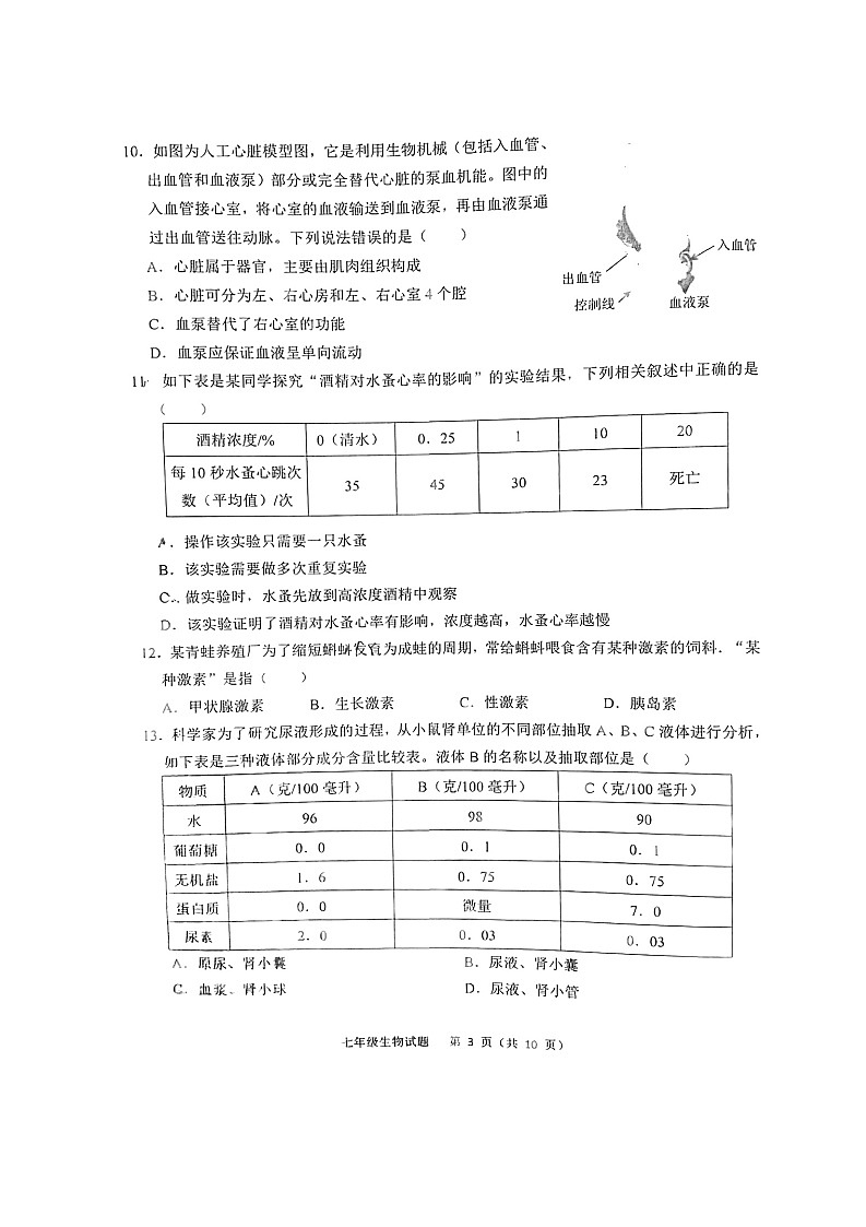 山东省济南市高新区2022-2023学年七年级下学期生物期末检测题03