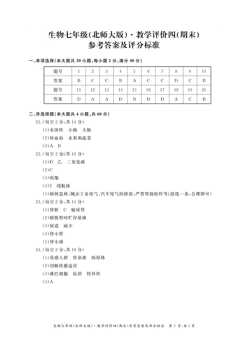 安徽省淮北市五校联考2022-2023学年七年级下学期期末考试生物参考答案第1页