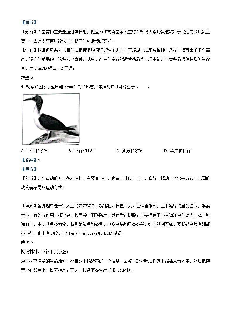 2023年山西省晋中市中考生物真题（含答案解析）02