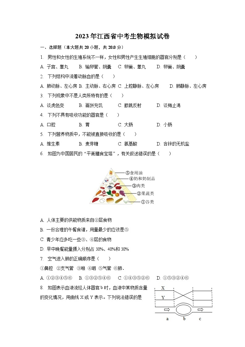 2023年江西省中考生物模拟试卷（含解析）01