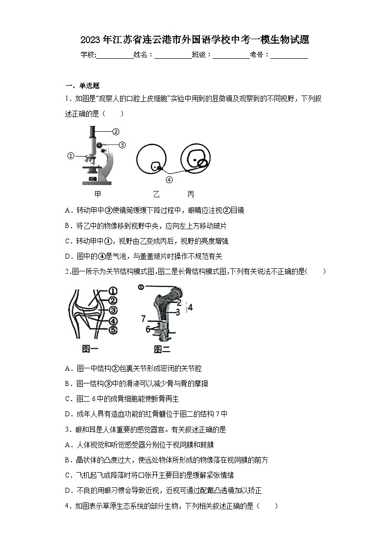 2023年江苏省连云港市外国语学校中考一模生物试题（含解析）01