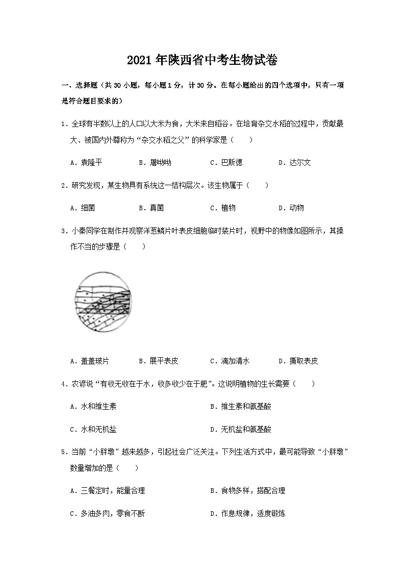 2021年陕西省中考生物试卷01