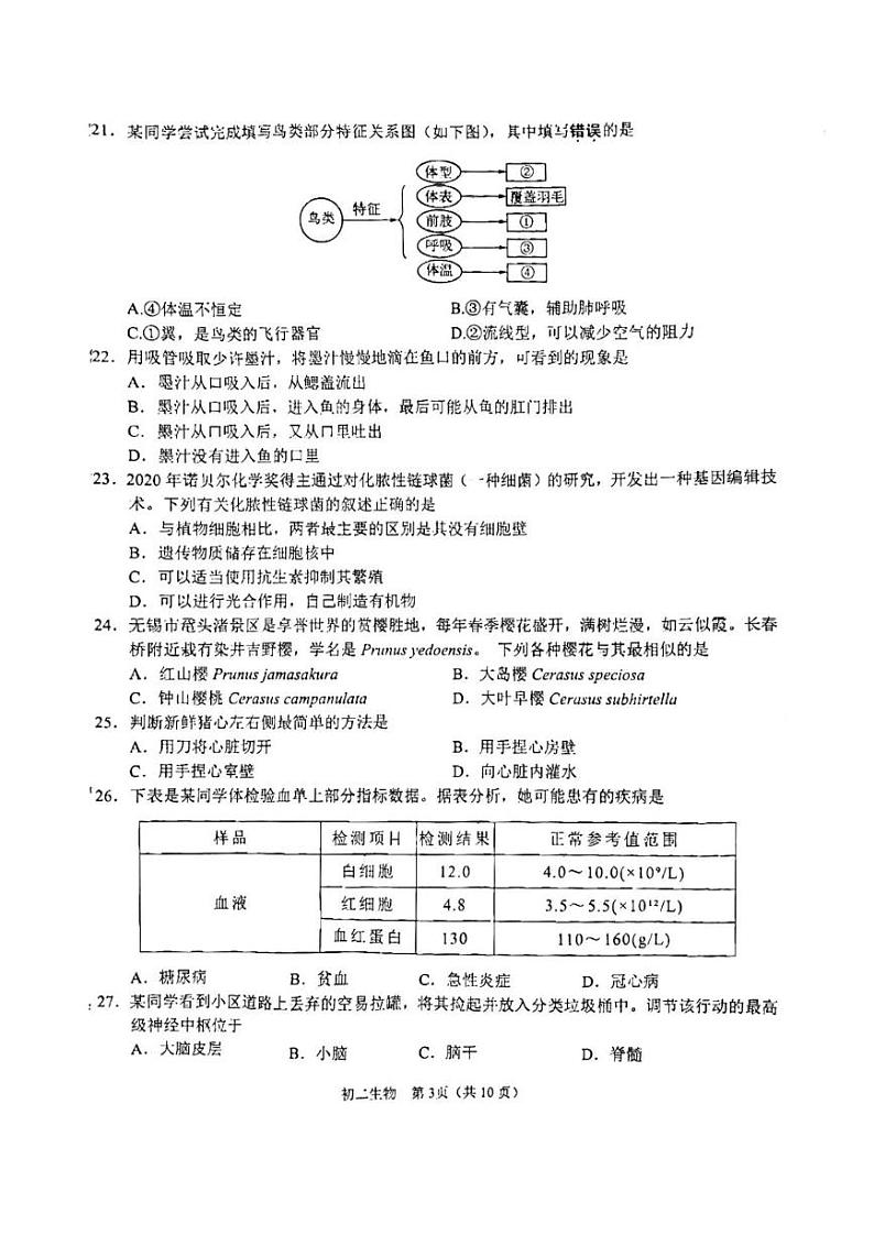 2023年江苏省无锡市中考生物真题03